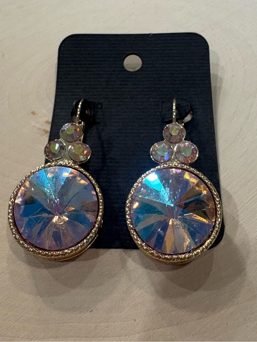 Pink iridescent stones with gold tone drop earrings New on card Unbranded